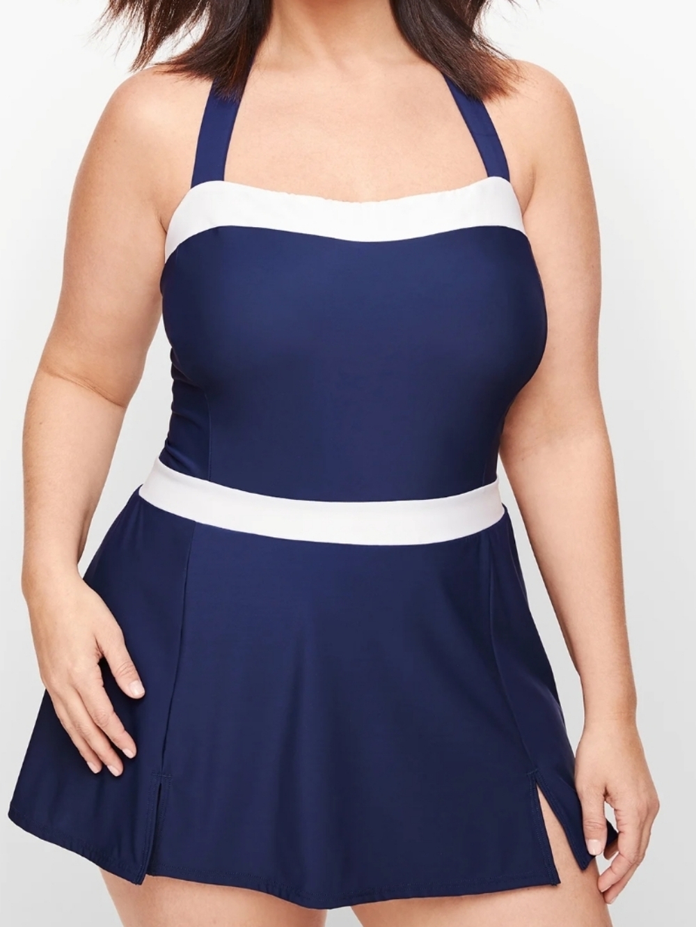 Talbots Miraclesuit Navy and White Halter Swim Dress